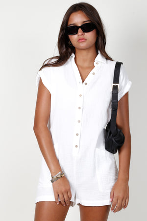 Cotton Gauze Buttondown Romper - White