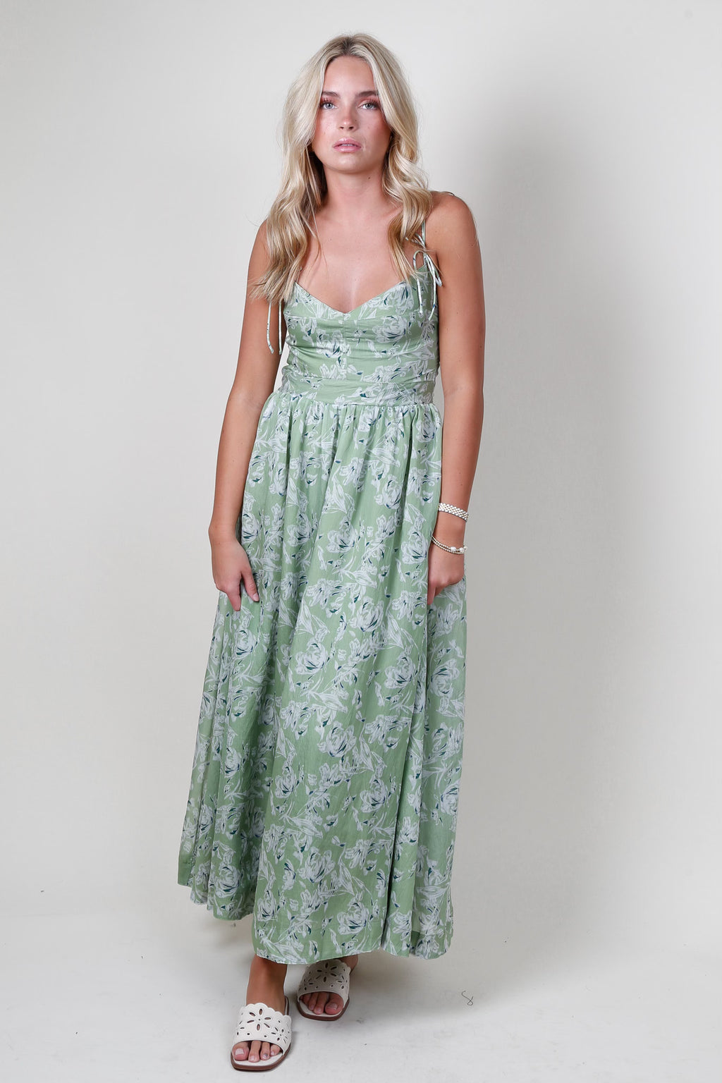 EN SAISON | Tie Shoulder Floral Midi - Green Teal