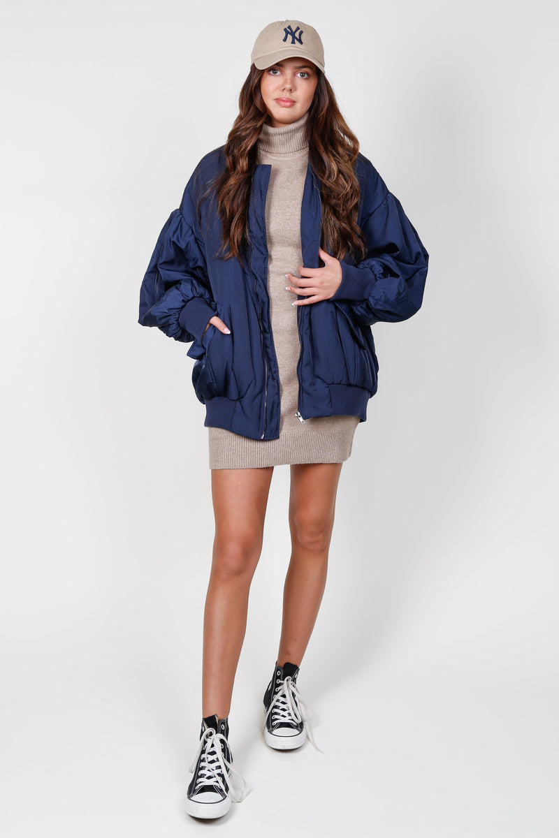 Puff Sleeve Bomber Jacket - Navy