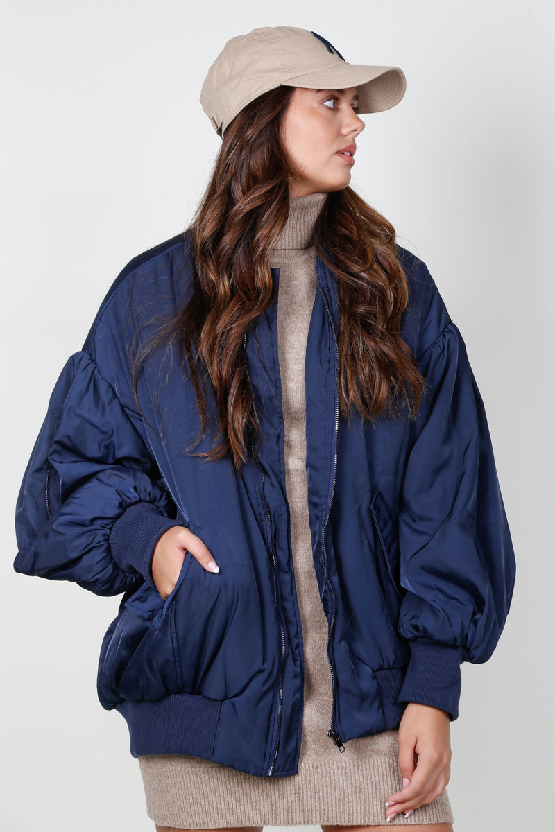 Puff Sleeve Bomber Jacket - Navy