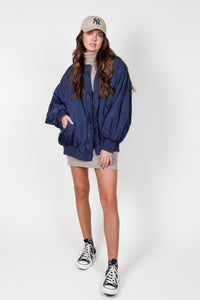 Puff Sleeve Bomber Jacket - Navy