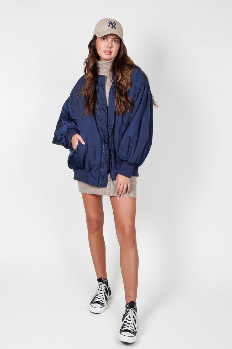 Puff Sleeve Bomber Jacket - Navy