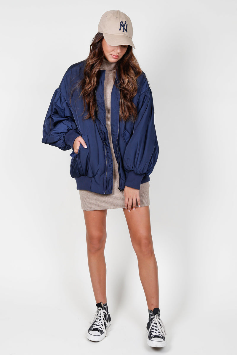 Puff Sleeve Bomber Jacket - Navy