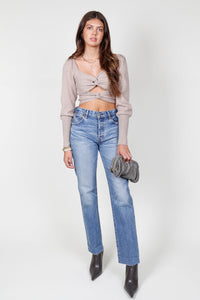 Long Sleeve Twist Crop Sweater - Mocha