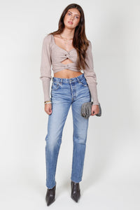 Long Sleeve Twist Crop Sweater - Mocha