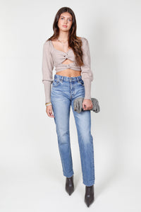 Long Sleeve Twist Crop Sweater - Mocha