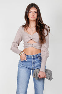 Long Sleeve Twist Crop Sweater - Mocha