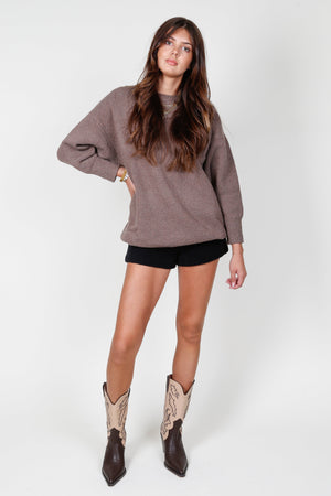 Oversized Round Neck Sweater Top - Cocoa