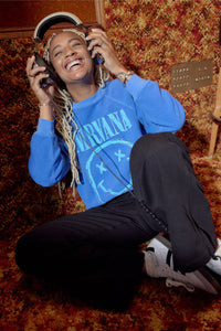 DAYDREAMER | Nirvana Smiley Reverse Raglan Crew - Washed Cobalt