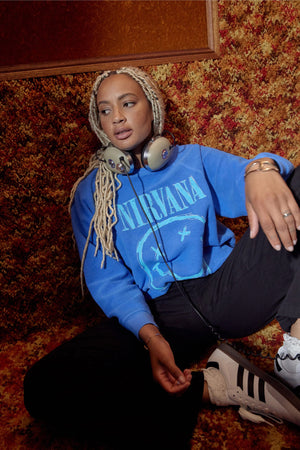 DAYDREAMER | Nirvana Smiley Reverse Raglan Crew - Washed Cobalt