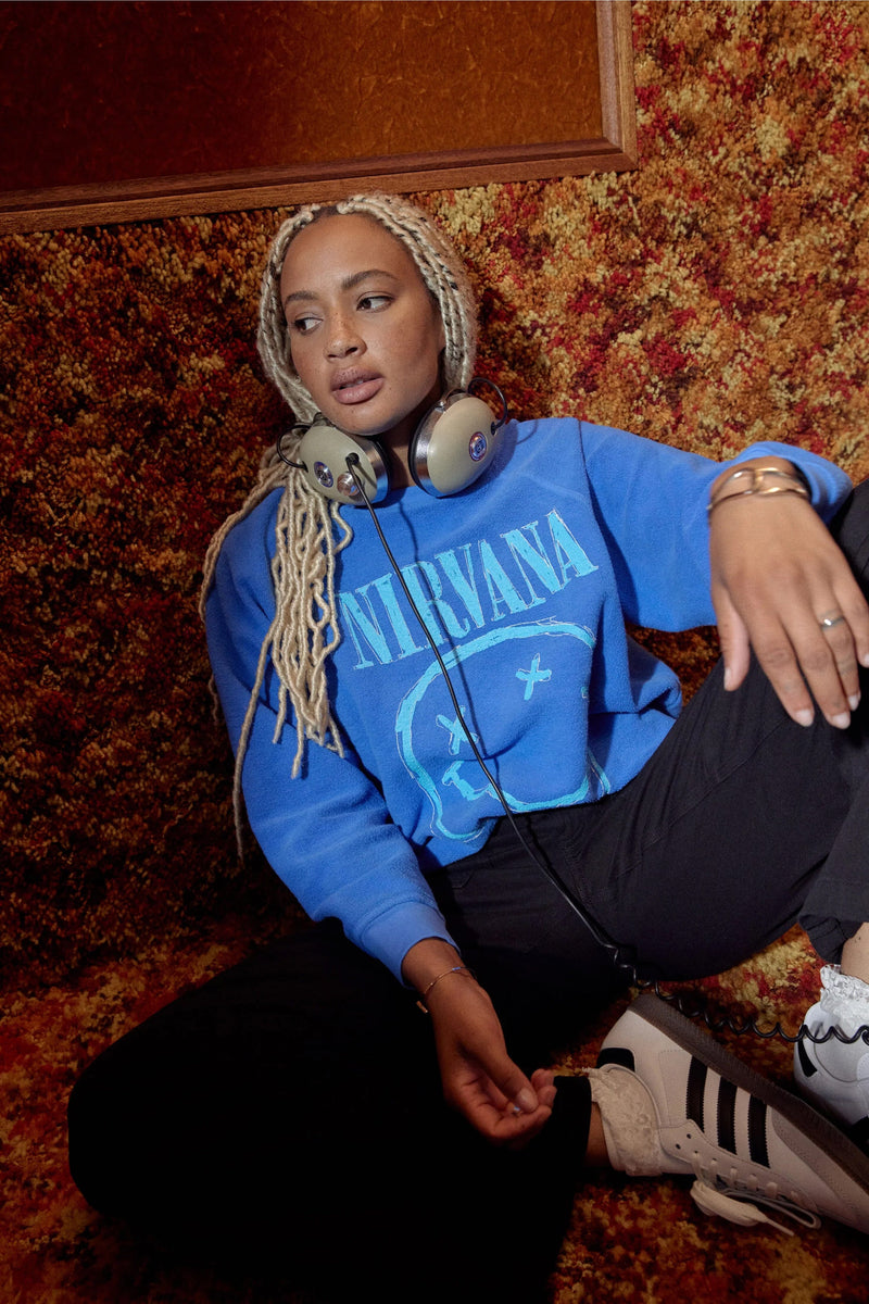DAYDREAMER | Nirvana Smiley Reverse Raglan Crew - Washed Cobalt