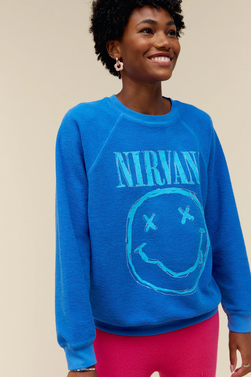 DAYDREAMER | Nirvana Smiley Reverse Raglan Crew - Washed Cobalt