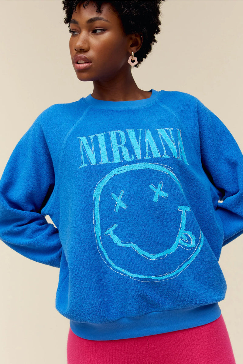 DAYDREAMER | Nirvana Smiley Reverse Raglan Crew - Washed Cobalt