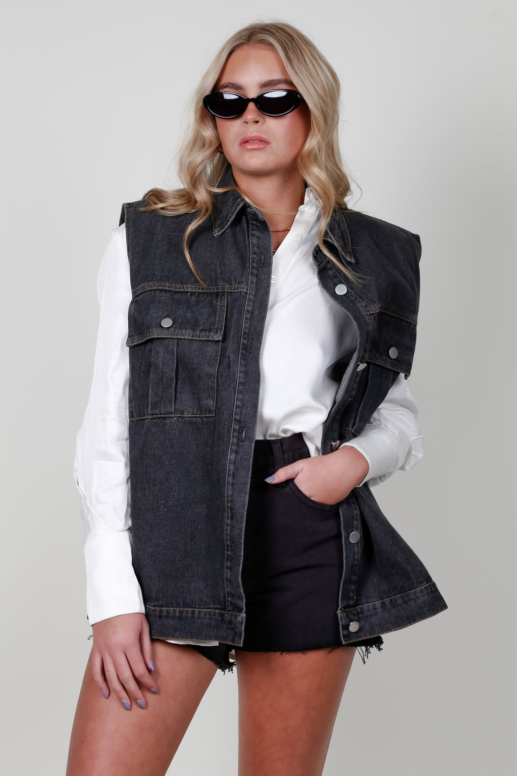 Oversized Denim Vest - Washed Black