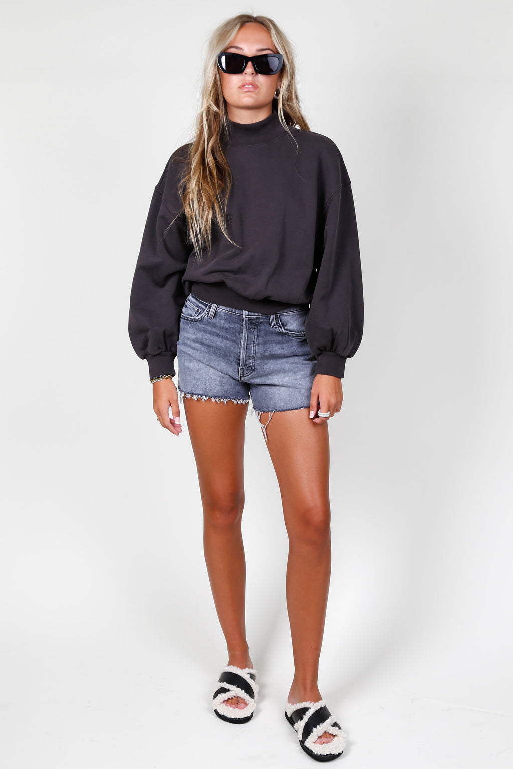 FRAME | Balloon Sleeve Mock Sweatshirt - Faded Black