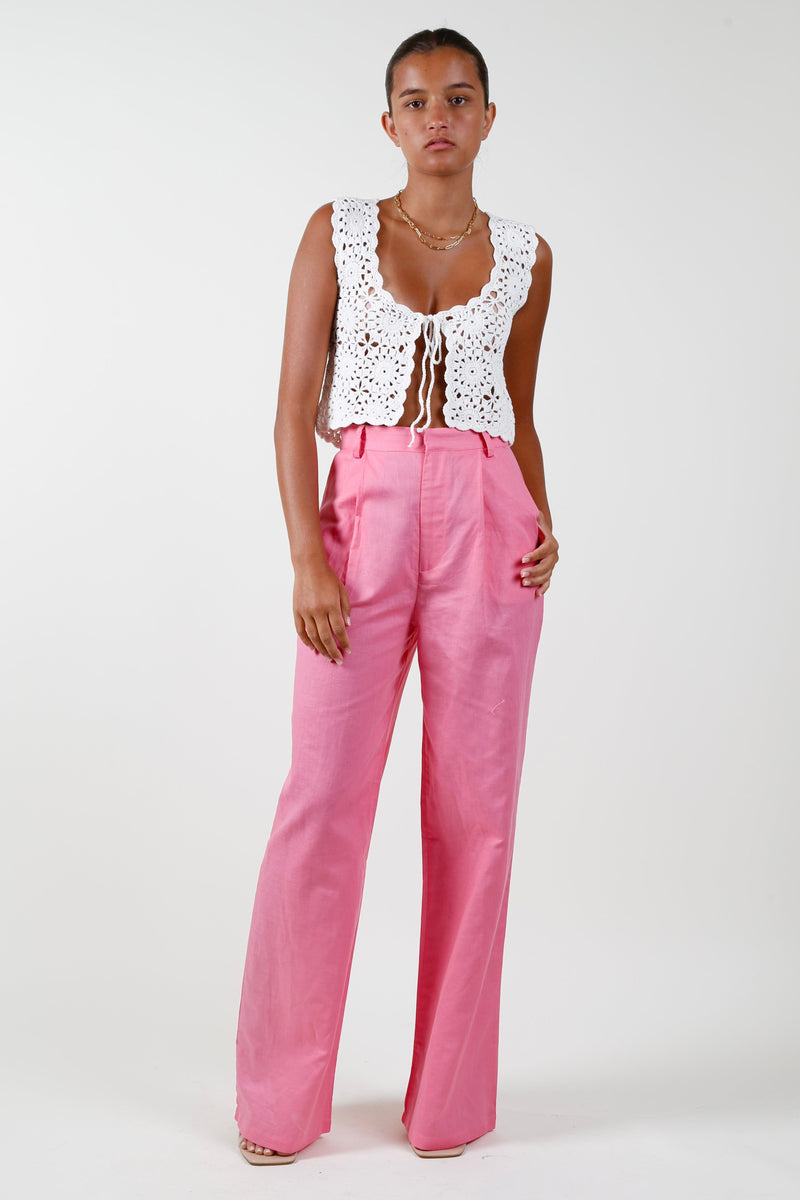 Wide Leg Linen Pants - Pink