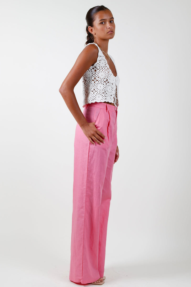 Wide Leg Linen Pants - Pink