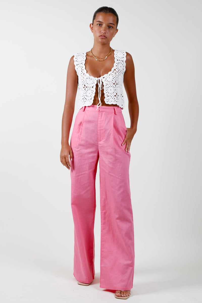 Wide Leg Linen Pants - Pink