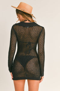 Collar Crochet Knit Dress - Black