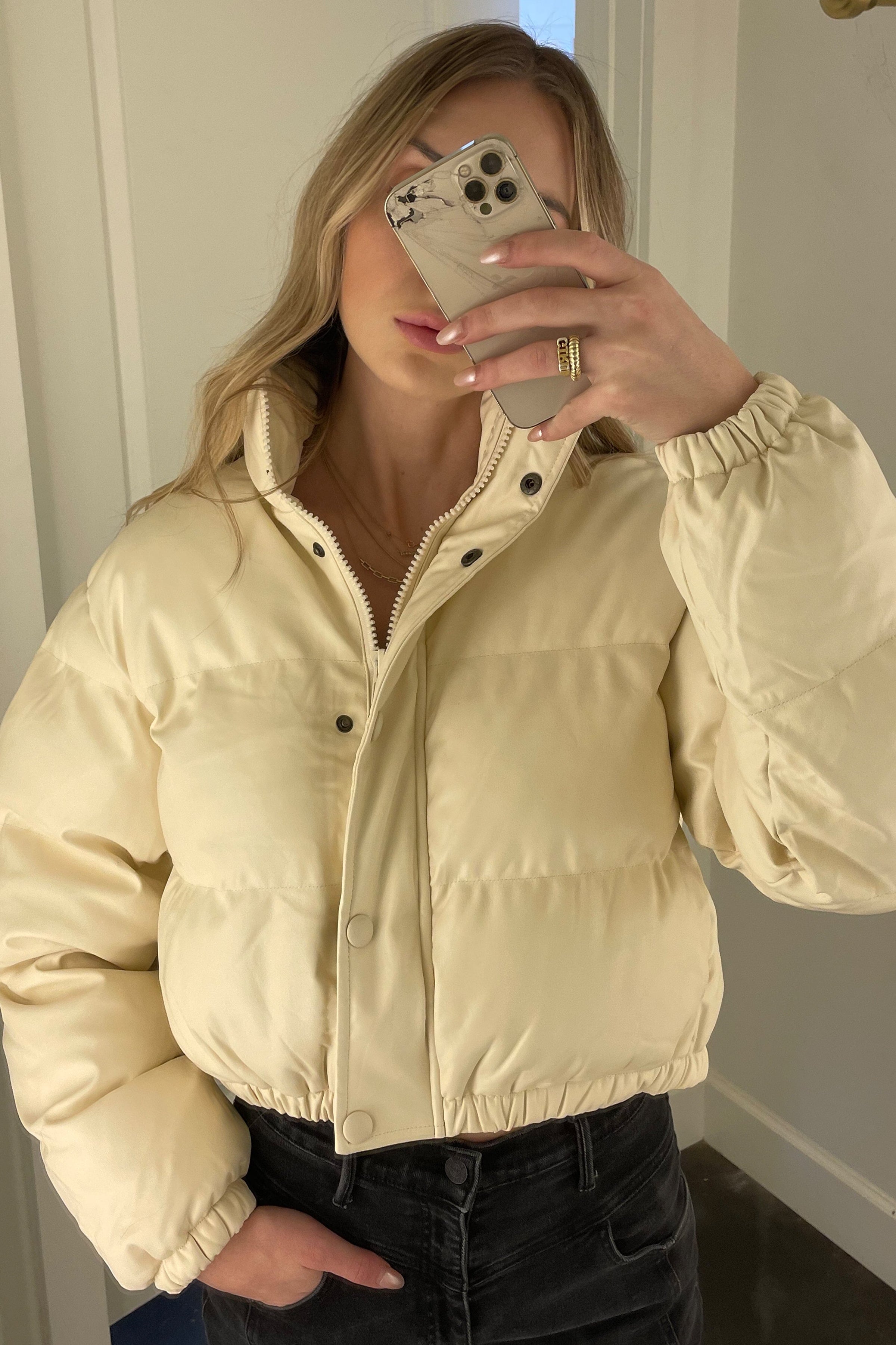 Cropped Faux Leather Puffer Jacket Cream Scarlet Clothing