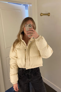 Cropped Faux Leather Puffer Jacket - Cream