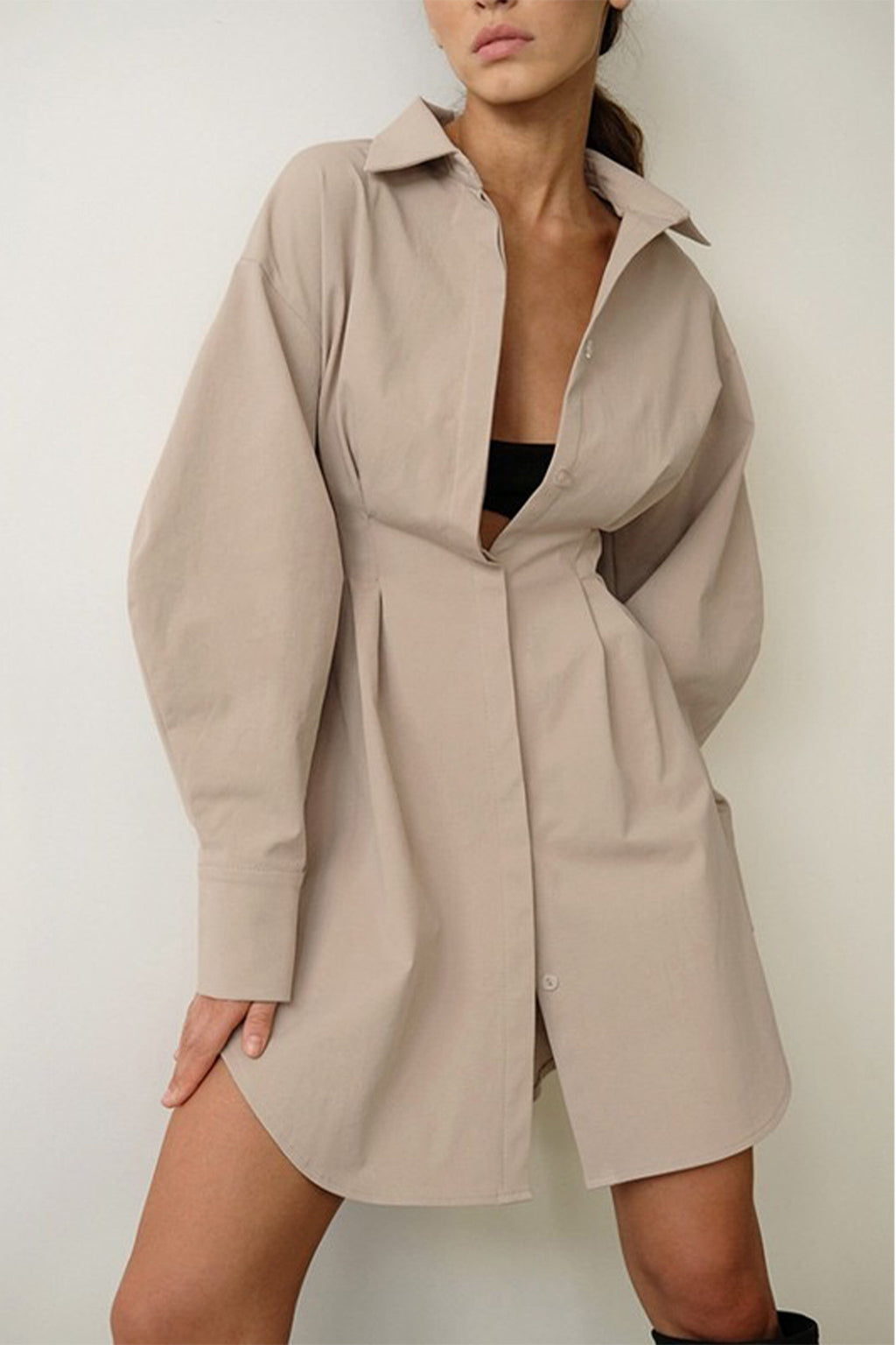 French Waist Cinching Collard Dress - Khaki