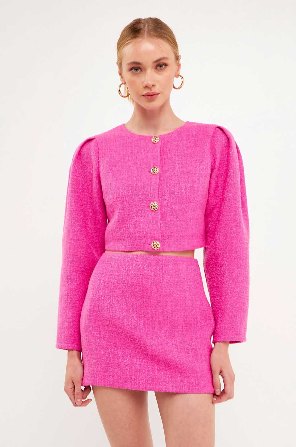 ENDLESS ROSE | Tweed Puff Shoulder Jacket - Berry