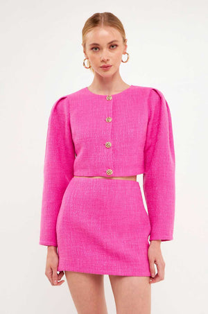 ENDLESS ROSE | Tweed Puff Shoulder Jacket - Berry