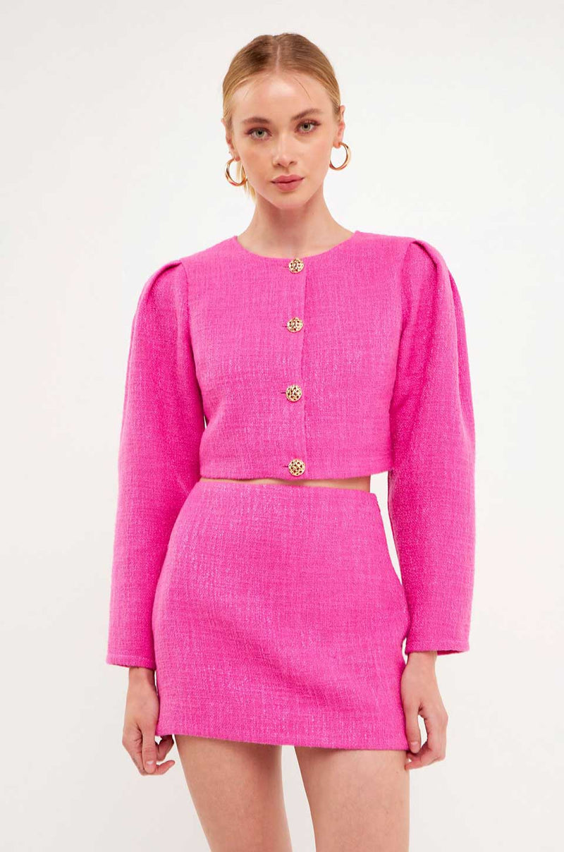 ENDLESS ROSE | Tweed Puff Shoulder Jacket - Berry