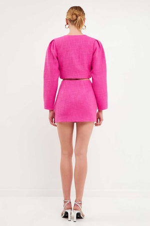 ENDLESS ROSE | Tweed Puff Shoulder Jacket - Berry