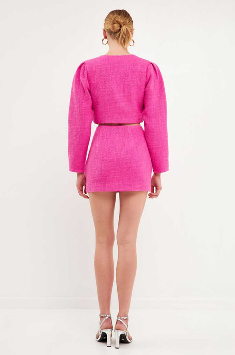 ENDLESS ROSE | Tweed Puff Shoulder Jacket - Berry
