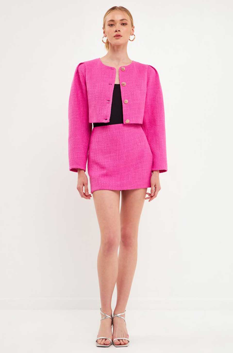 ENDLESS ROSE | Tweed Puff Shoulder Jacket - Berry