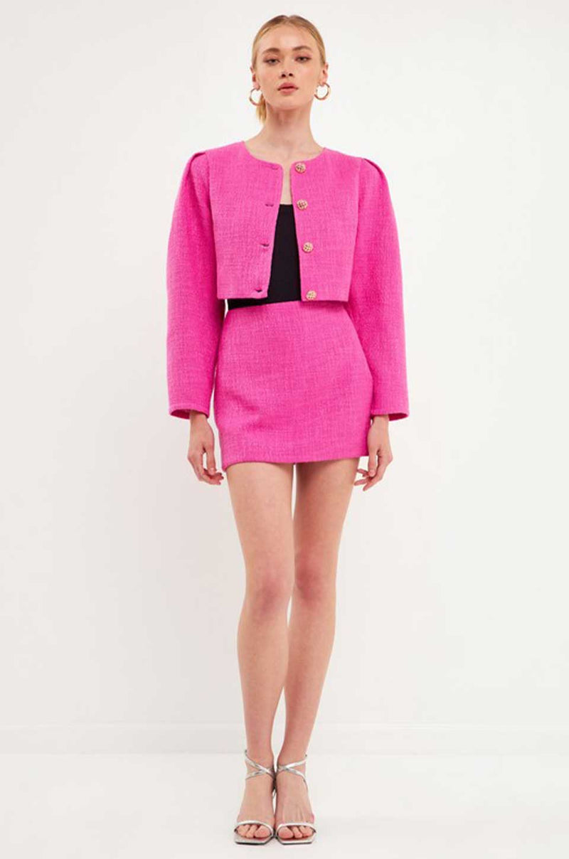 ENDLESS ROSE | Tweed Puff Shoulder Jacket - Berry