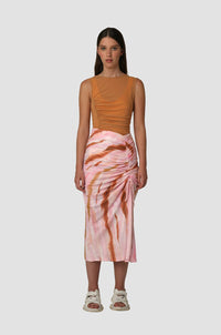 SCARLET | Tie Dye Ruched Midi Skirt - Pink
