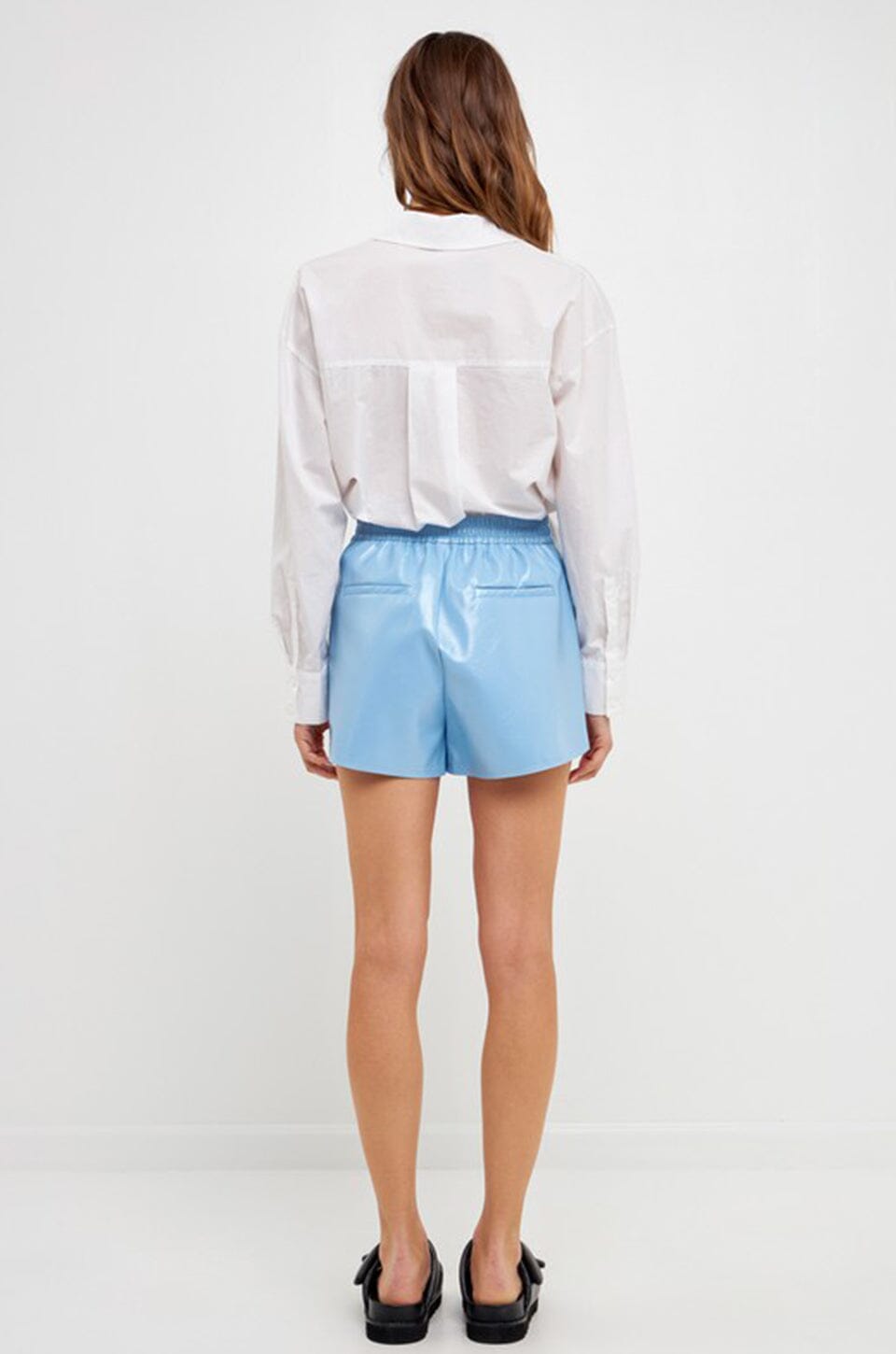 High Waisted Faux Leather Shorts Powder Blue Scarlet Clothing