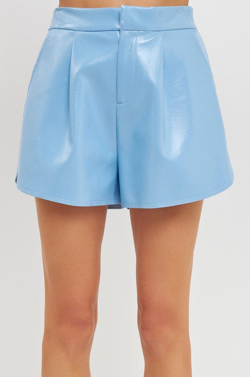 High-Waisted Faux Leather Shorts - Powder Blue