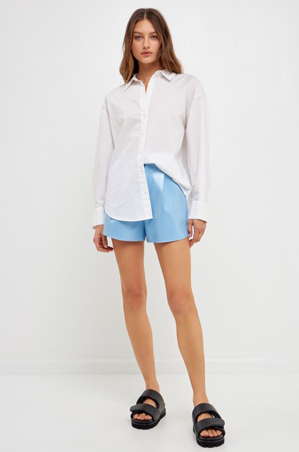 High-Waisted Faux Leather Shorts - Powder Blue