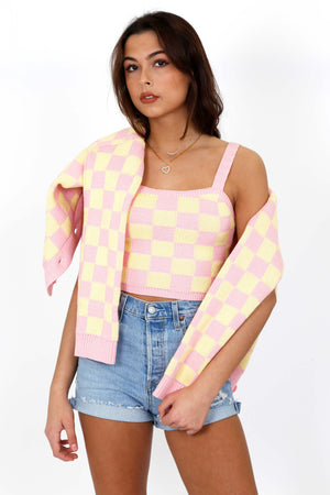 KEEP IT IN CHECK KNIT CROP CAMI | PINK/YELLOW