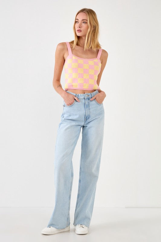 KEEP IT IN CHECK KNIT CROP CAMI | PINK/YELLOW